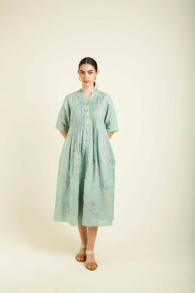 Mint Front Printed Dress In Linen With Embroidery Details - Dress - Mizyana