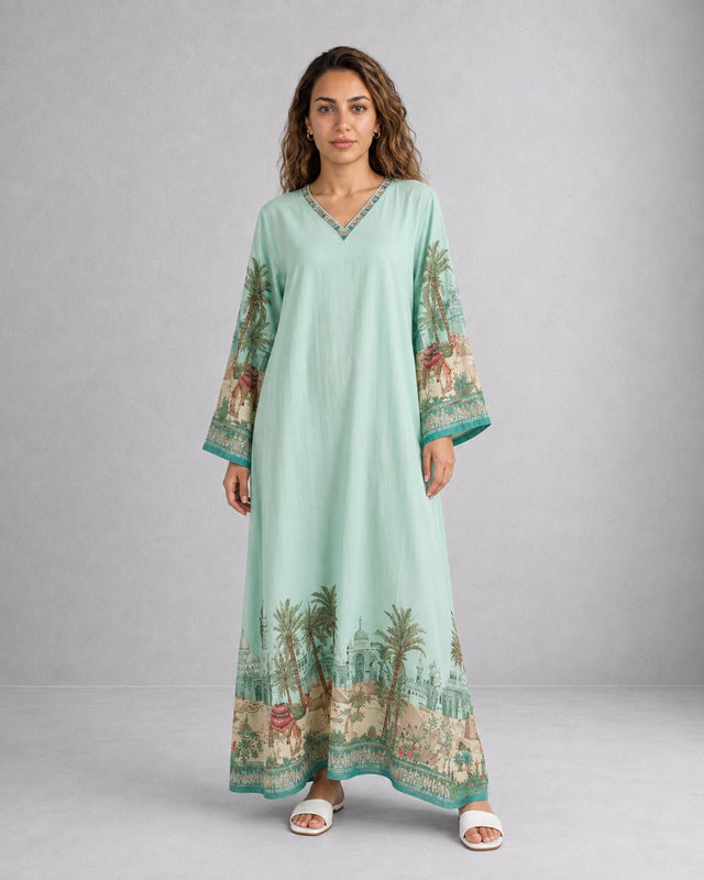 Mint Heritage Digital Print Cotton Jalabiya - Jalabiya - Mizyana