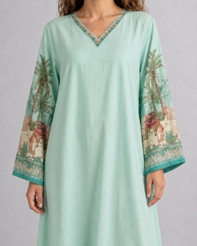 Mint Heritage Digital Print Cotton Jalabiya - Jalabiya - Mizyana