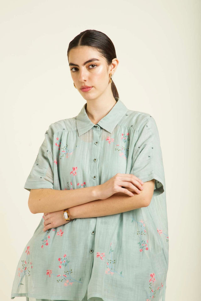 Mint Kaftan Shirt In Mul Chanderi With Embroidery Details And Straight Pants In Silk Chanderi - Two-Piece Set - Mizyana