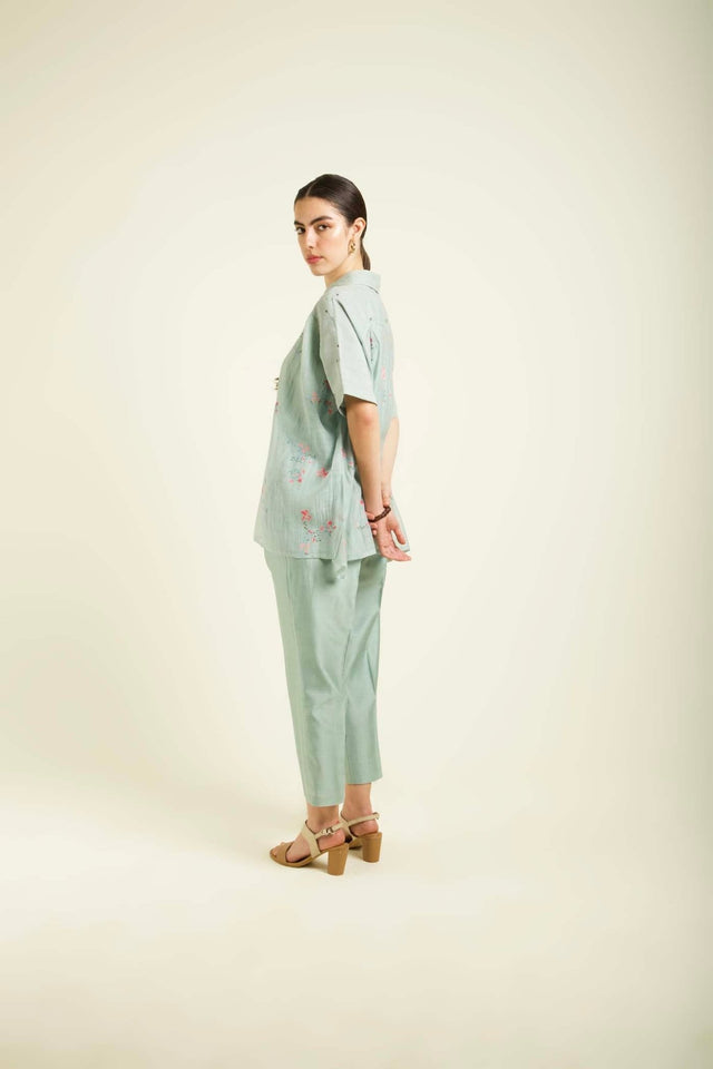 Mint Kaftan Shirt In Mul Chanderi With Embroidery Details And Straight Pants In Silk Chanderi - Two-Piece Set - Mizyana