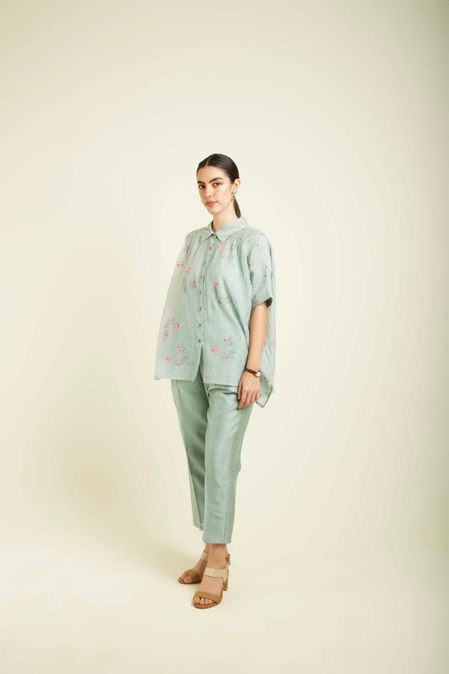 Mint Kaftan Shirt In Mul Chanderi With Embroidery Details And Straight Pants In Silk Chanderi - Two-Piece Set - Mizyana