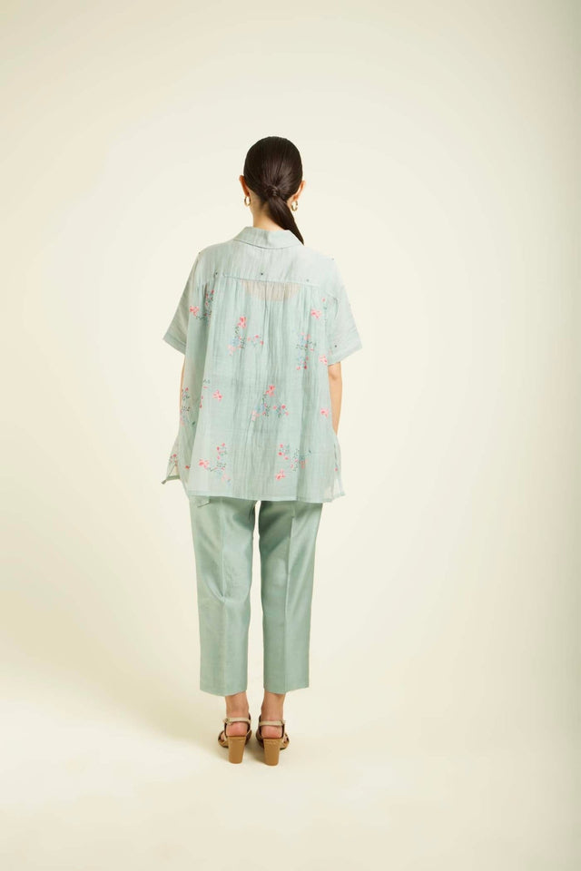 Mint Kaftan Shirt In Mul Chanderi With Embroidery Details And Straight Pants In Silk Chanderi - Two-Piece Set - Mizyana