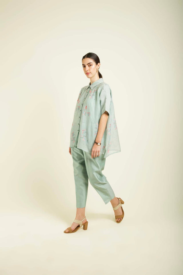 Mint Kaftan Shirt In Mul Chanderi With Embroidery Details And Straight Pants In Silk Chanderi - Two-Piece Set - Mizyana