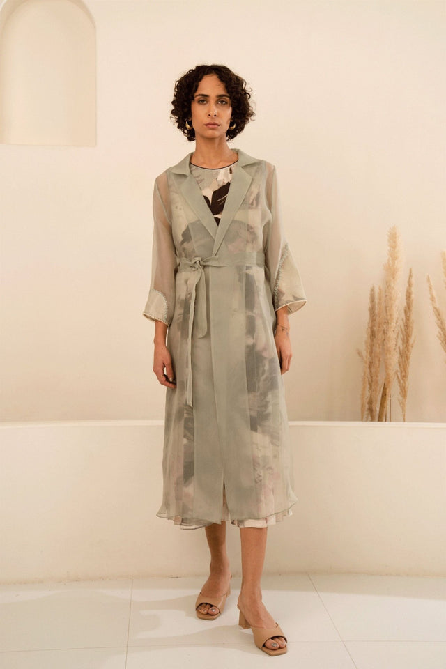 MINT ORGANZA SOLID JACKET + SCATTERED PETALS LINEN JUMPSUIT - Two-Piece Set - Mizyana