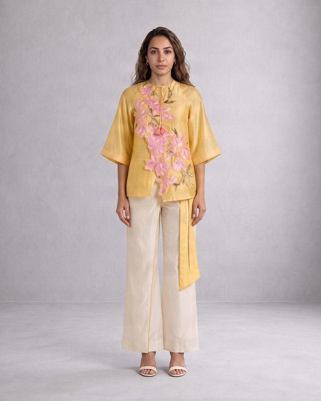 Mirza Butter Yellow Floral Chanderi Silk Top and Flap Pant Two-Piece Set - Two-Piece Set - Mizyana