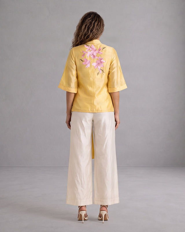 Mirza Butter Yellow Floral Chanderi Silk Top and Flap Pant Two-Piece Set - Two-Piece Set - Mizyana