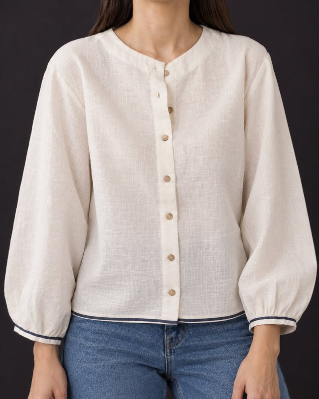 Mogra Ivory Organic Kala Cotton Blouse with Balloon Sleeves - Blouse - Mizyana