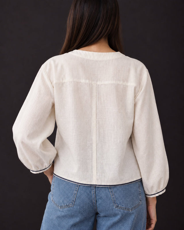 Mogra Ivory Organic Kala Cotton Blouse with Balloon Sleeves - Blouse - Mizyana