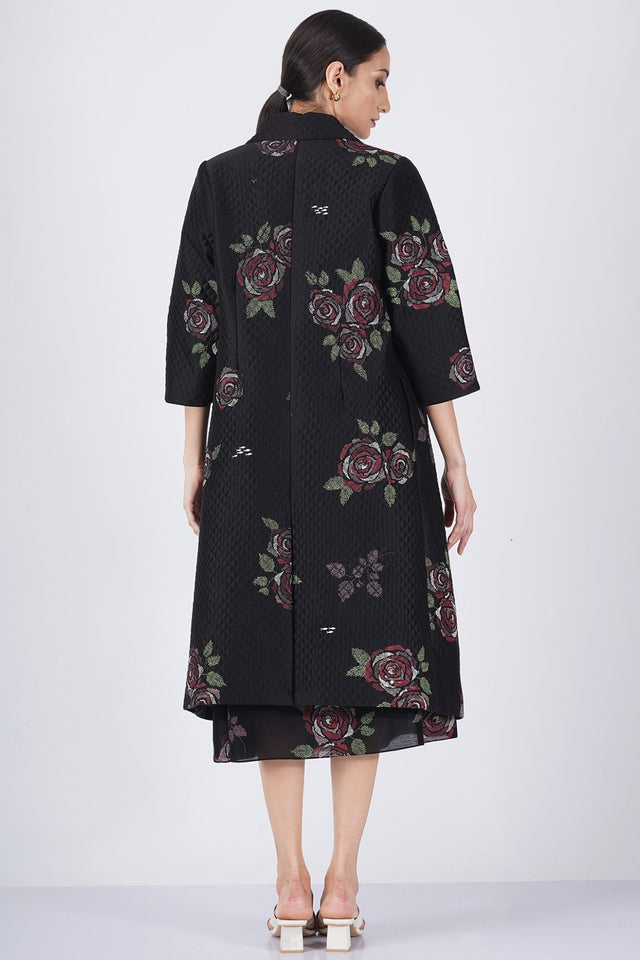 Multicolor rose print pleated dress with Multicolor rose printed quilted jacket - Dress - Mizyana