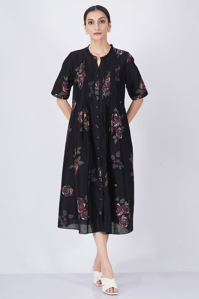 Multicolor rose printed pleated dress - Dress - Mizyana