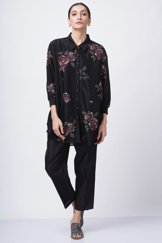 Multicolor rose printed shirt with fish embroidery with solid pant - Two-Piece Set - Mizyana