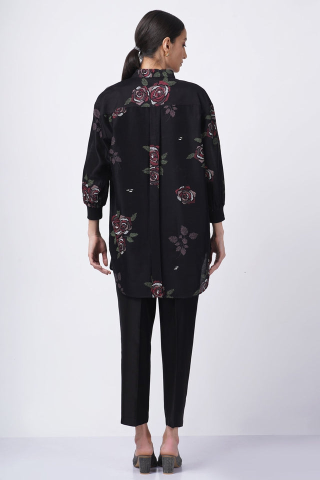 Multicolor rose printed shirt with fish embroidery with solid pant - Two-Piece Set - Mizyana