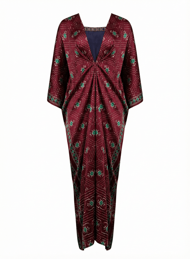 Naqsh Purple Bandhani Print Satin Kaftan with Tassel Ties - Kaftan - Mizyana