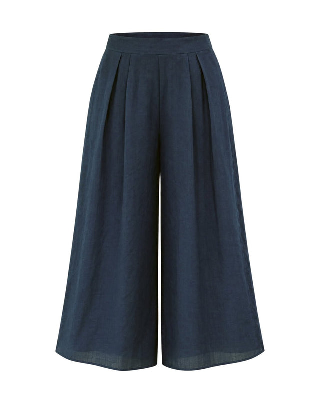 Navy Blue Flared Mid-Calf Linen Culottes - Culottes - Mizyana