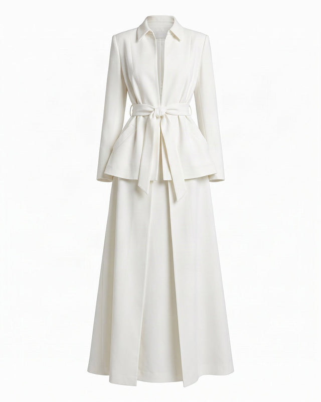 Nokita White Belted Stand-Collar Abaya - Abaya - Mizyana