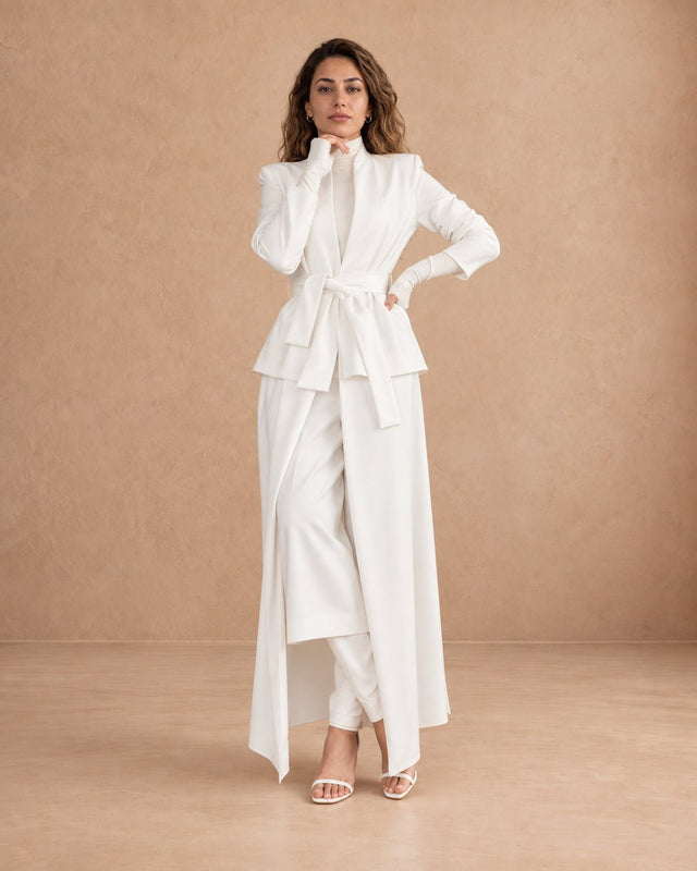 Nokita White Belted Stand-Collar Abaya - Abaya - Mizyana