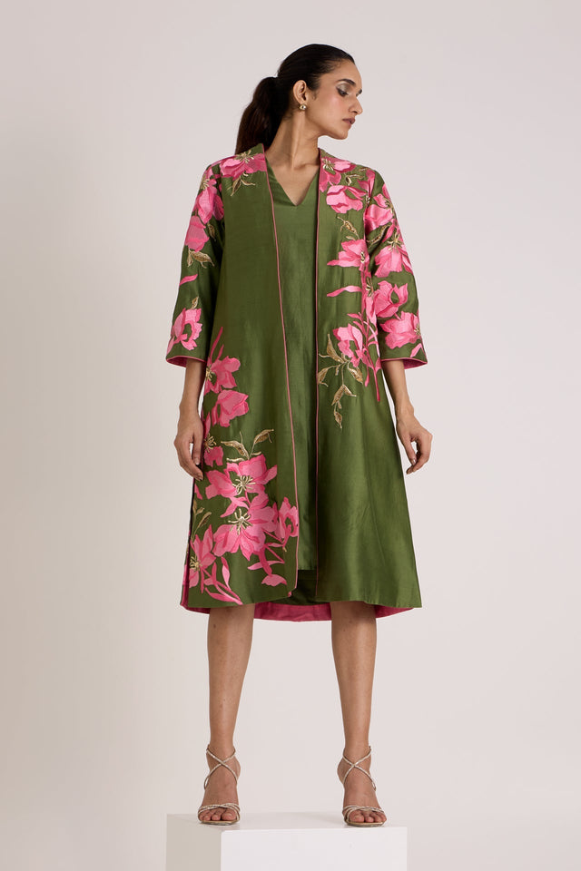 Olive Green Rafiya - Midi Jacket + Slip Dress - Two-Piece Set - Mizyana