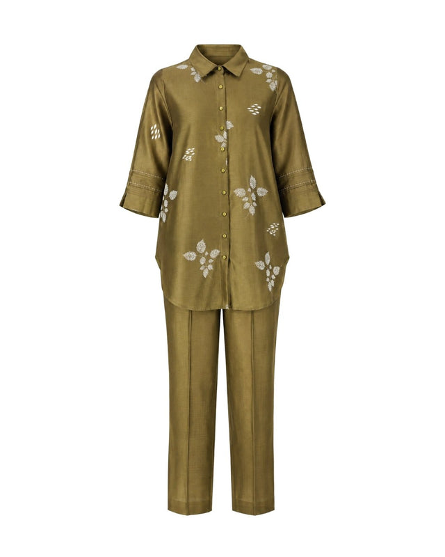 Olive Leaf Print Fish Embroidery Shirt and Straight Pants Co-ord Set - Co-ord Set - Mizyana