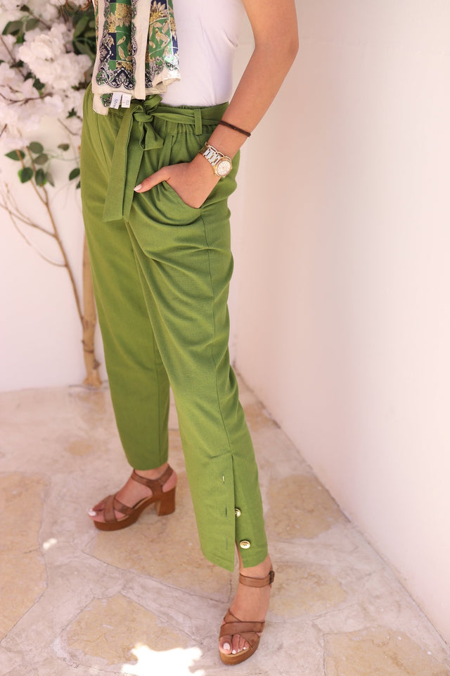 Olive Linen Pants - Trousers - Mizyana