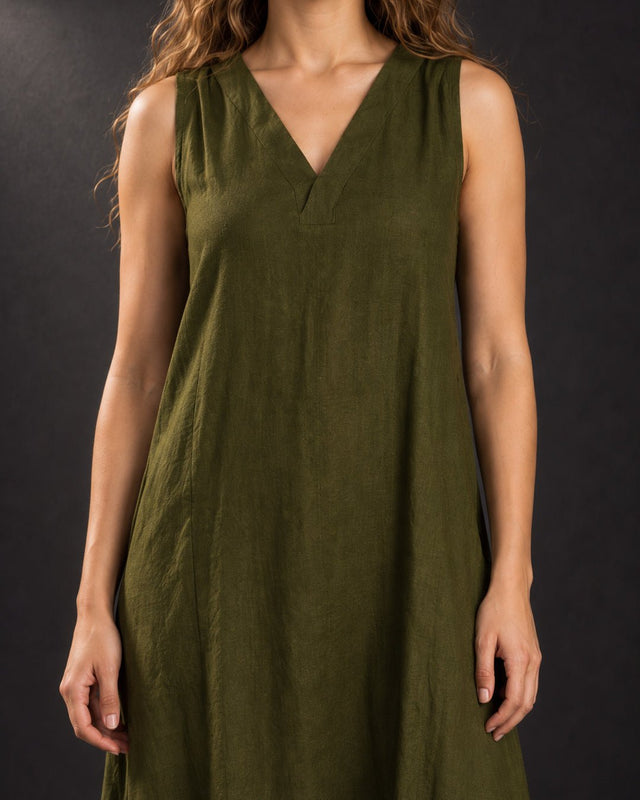 Olive Sleeveless V-Neck Handwoven Silk Midi Dress - Dress - Mizyana