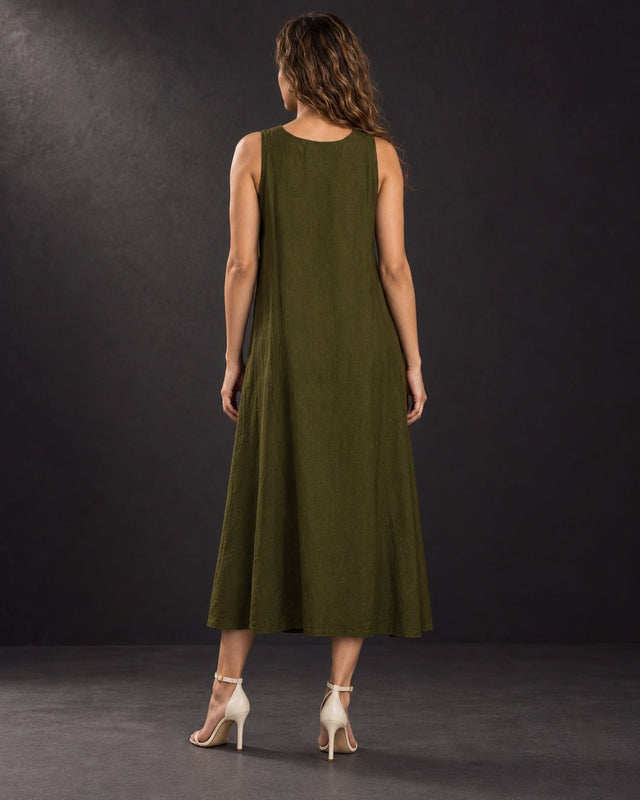 Olive Sleeveless V-Neck Handwoven Silk Midi Dress - Dress - Mizyana