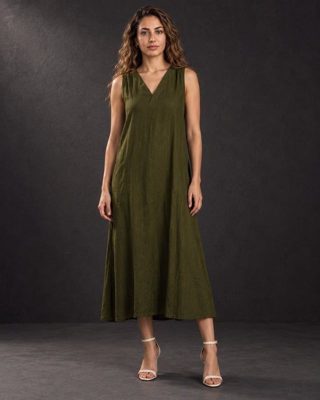 Olive Sleeveless V-Neck Handwoven Silk Midi Dress - Dress - Mizyana