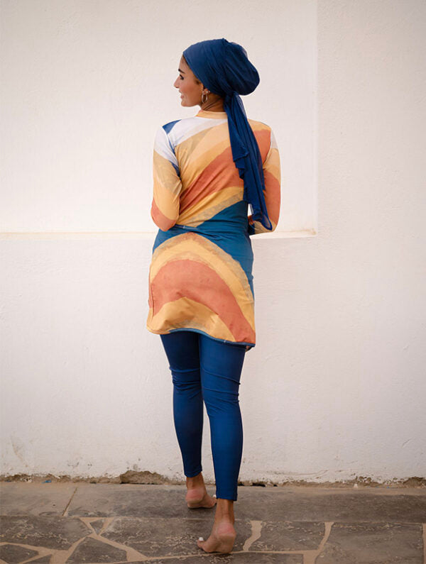 Sea Flame Orange and Blue Print Zip Neck Swim Top