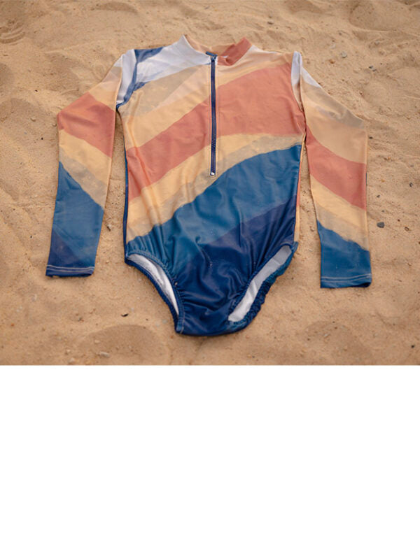 Sea Flame Orange and Blue Print Zip Neck Swim Top