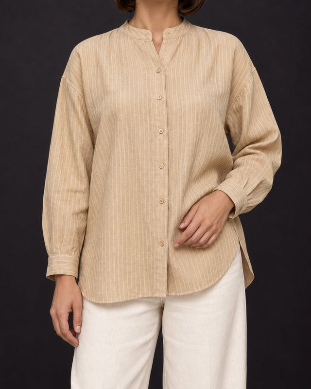 Parallel Beige Tonal Striped Linen Oversized Shirt - Shirt - Mizyana