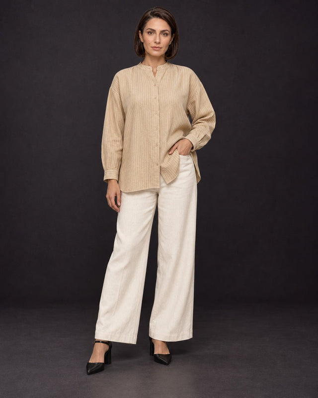 Parallel Beige Tonal Striped Linen Oversized Shirt - Shirt - Mizyana