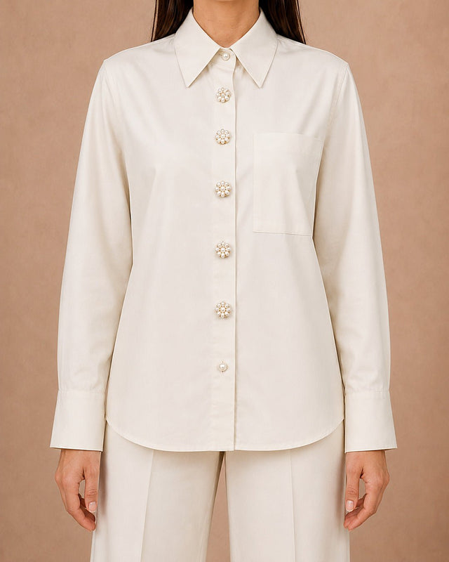 Pearl Flower Buttoned Cotton Shirt - Shirt - Mizyana