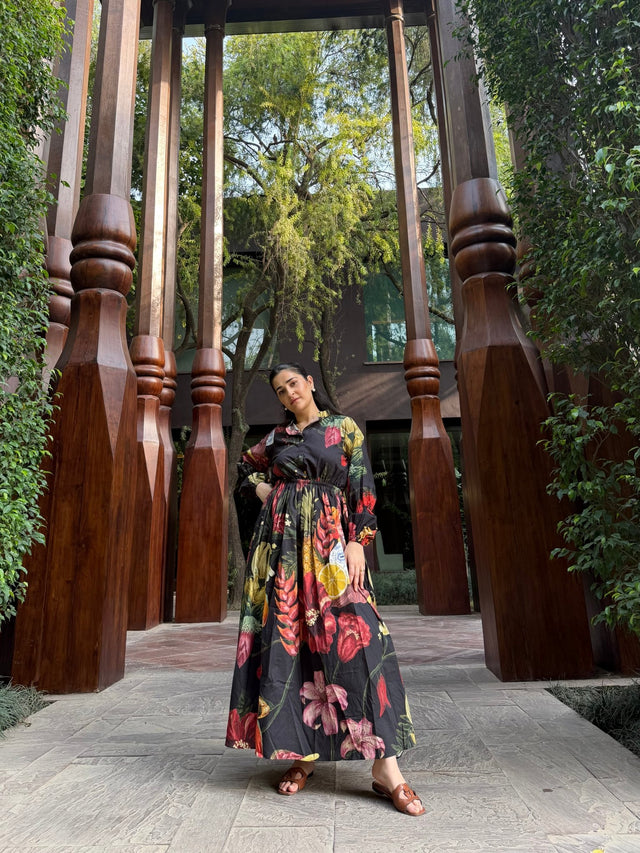 Petalia Dress in Sol Garden print (Midnight Black) - Dress - Mizyana