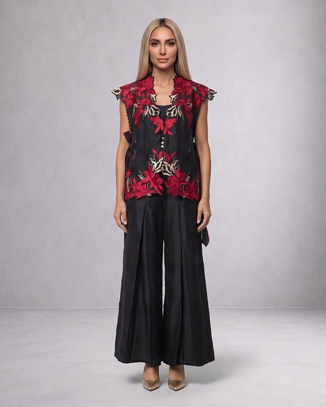 Pilar Floral Applique Chanderi Silk Cape and Pant Three-Piece Set - Three-Piece Set - Mizyana