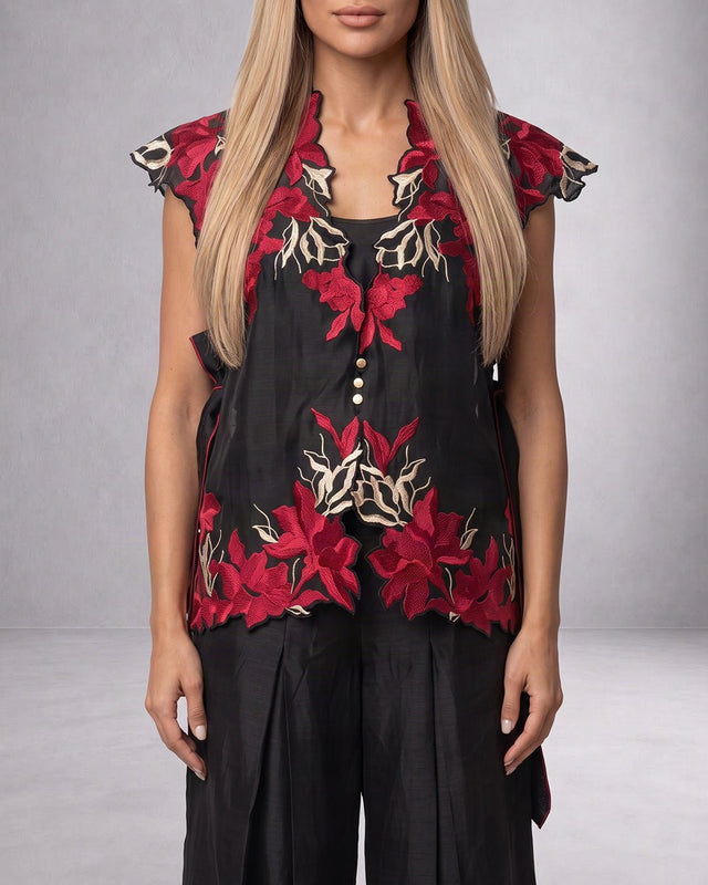 Pilar Floral Applique Chanderi Silk Cape and Pant Three-Piece Set - Three-Piece Set - Mizyana