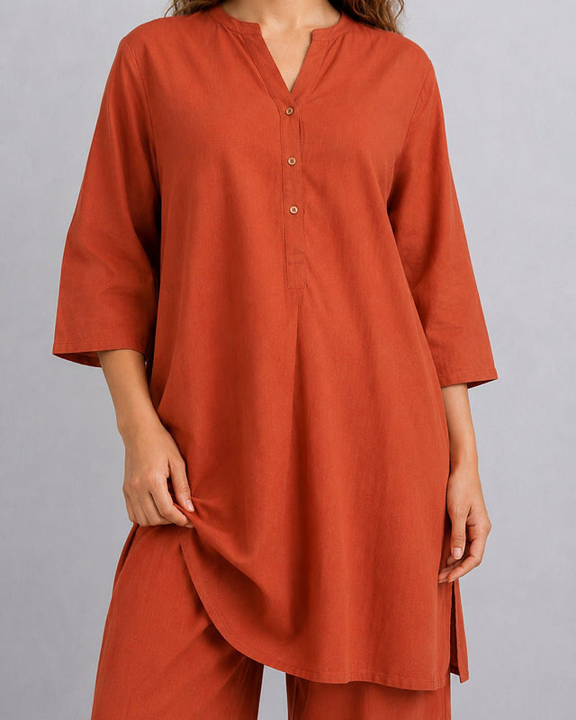 Placket Cotton Tunic Set - Two-Piece Set - Mizyana