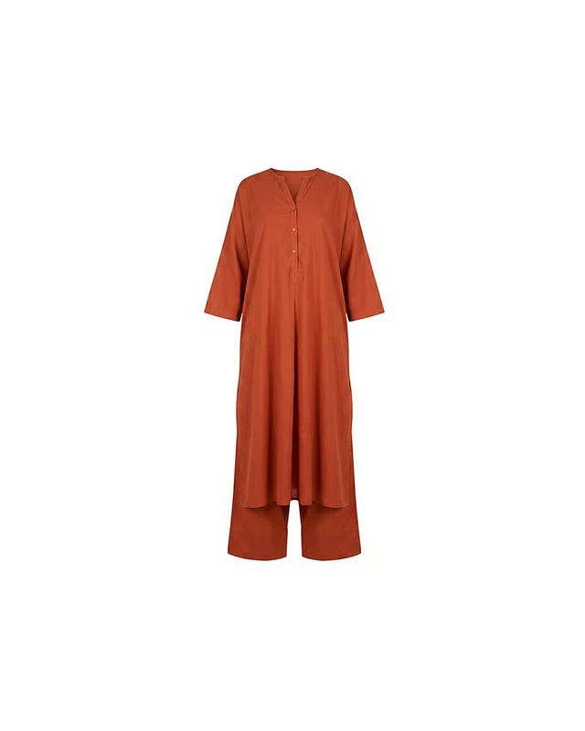 Placket Cotton Tunic Set - Two-Piece Set - Mizyana