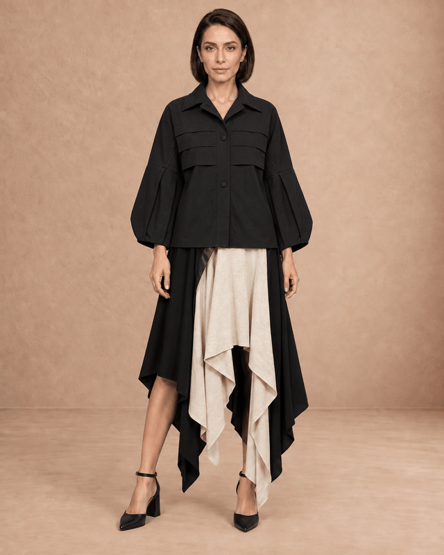 Polina Black and Ivory Asymmetric Hem Skirt - Skirt - Mizyana