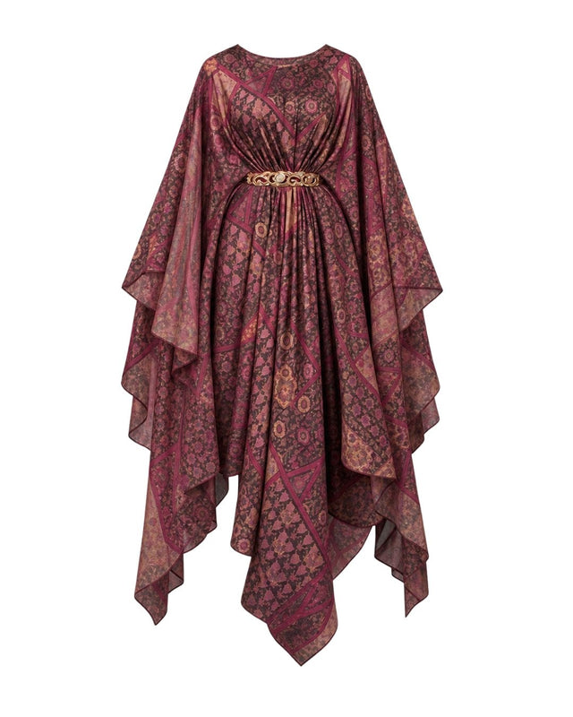 Qasr Burgundy Print Silk Dress and Organza Cape Two-Piece Set - Two-Piece Set - Mizyana