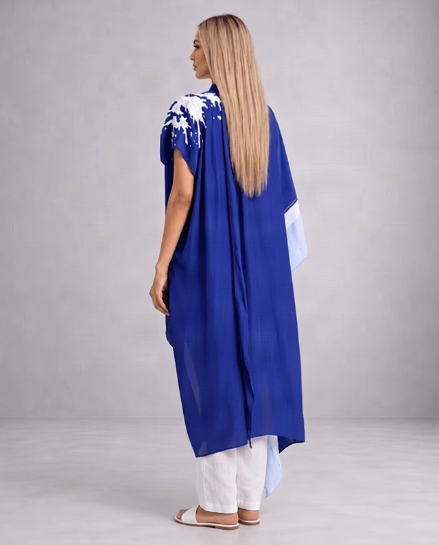 Ray Electric Blue Splash Embroidered Crepe Neck Scarf Kaftan - Kaftan - Mizyana