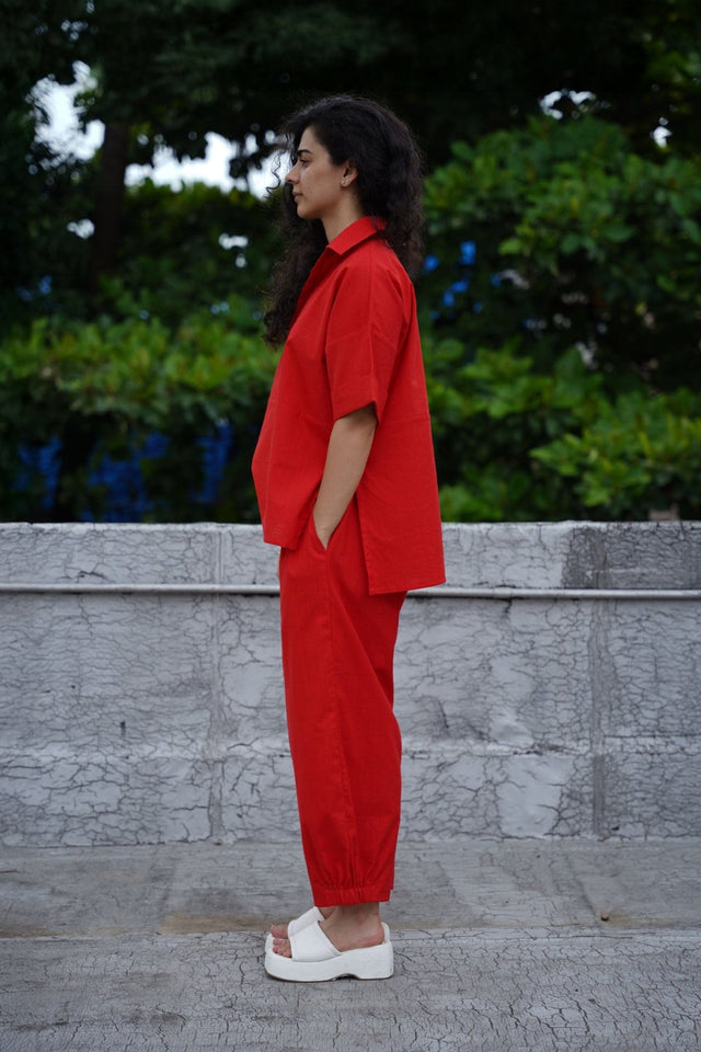 Red Ekin Shirt & Hera Cotton Co-Ord Set (2 PCS) - Two-Piece Set - Mizyana