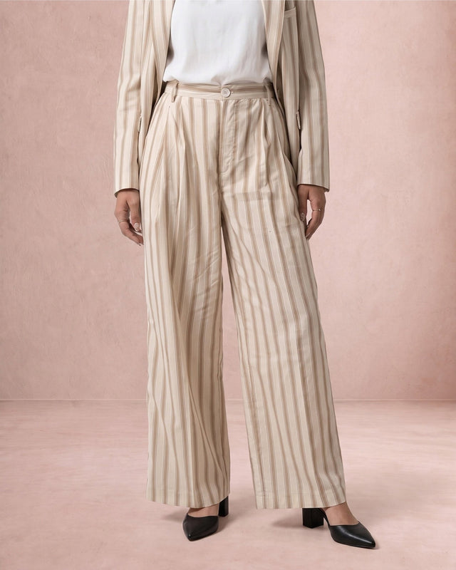 Rekh Greige Striped Pleated Cotton Wide-Leg Trousers - Trousers - Mizyana