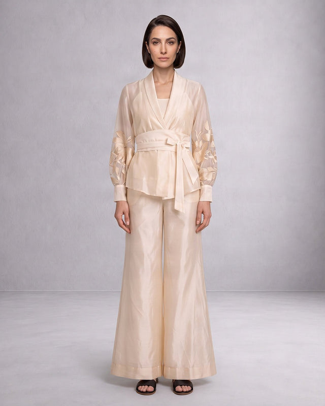 Reva Ivory Wrap Blazer Top and Wide-Leg Pants Two-Piece Set - Two-Piece Set - Mizyana