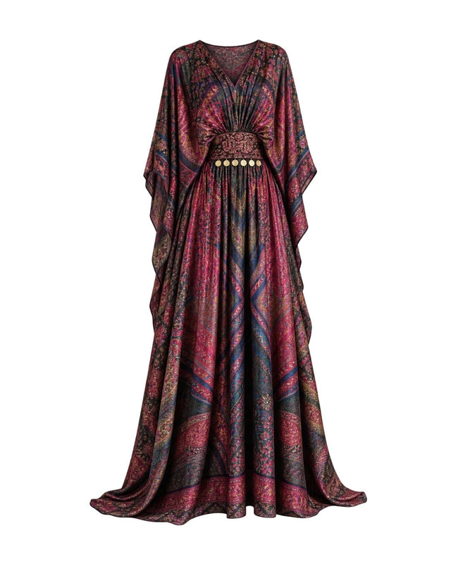 Risha Dark Floral Print Batwing Kaftan with Coin Belt - Kaftan - Mizyana