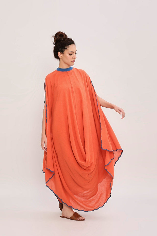 Rust Ribbed Scallop Cowl Dress - Dress - Mizyana