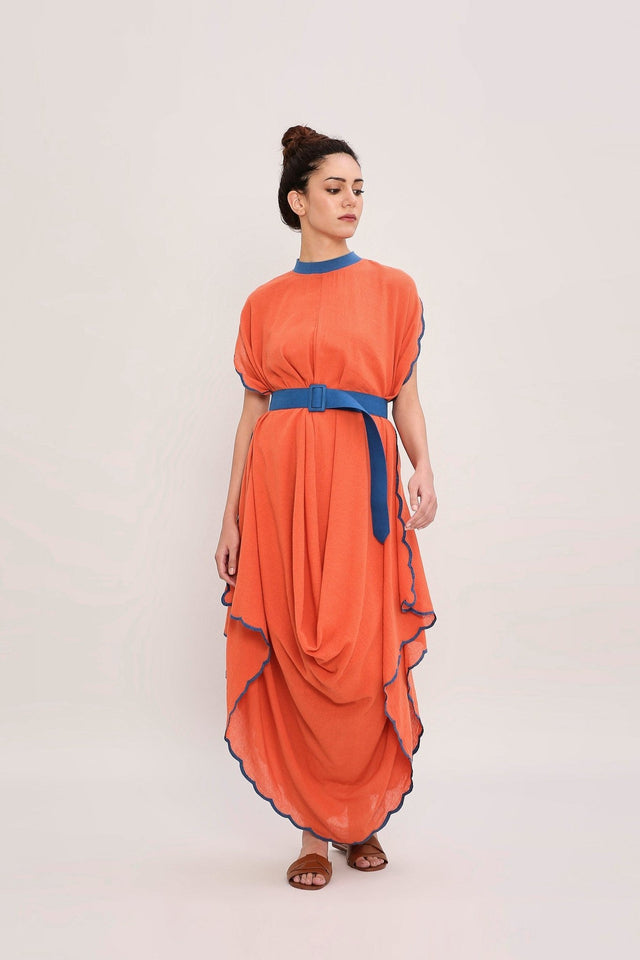 Rust Ribbed Scallop Cowl Dress - Dress - Mizyana