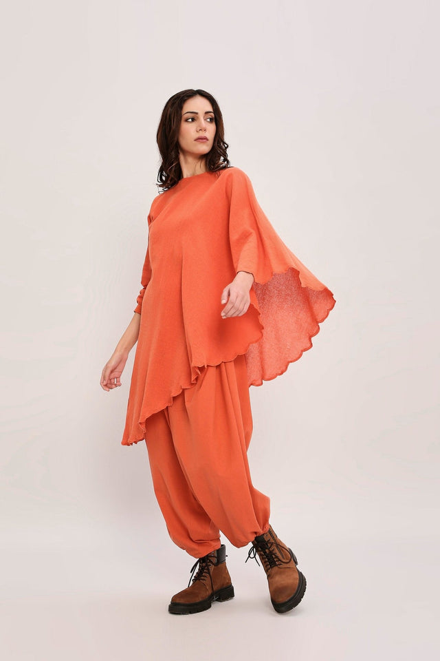 Rust Ribbed Scallop Tunic Set (2 PCS) - Two-Piece Set - Mizyana