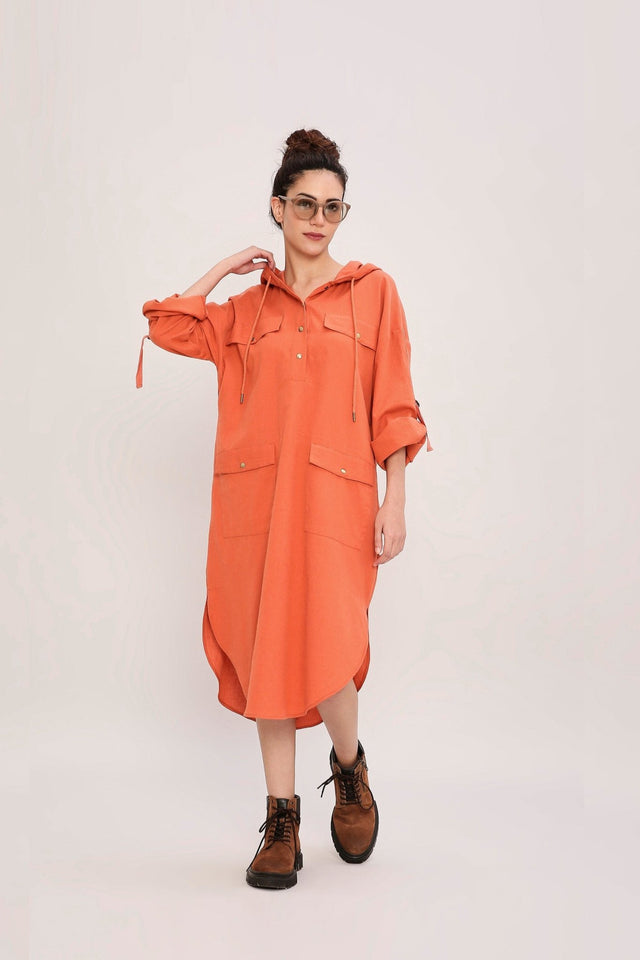 Rust Safari Pocket Hooded Dress - Dress - Mizyana