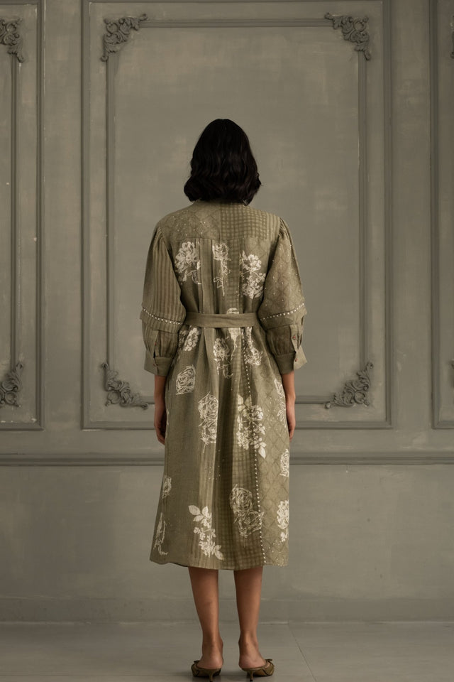 Sage Green Discharge Print Dress In Gauze Linen With Belt And Embroidery - Dress - Mizyana