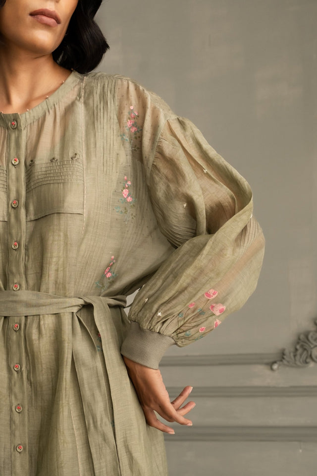 Sage Green Dress In Mul Chanderi With Belt And Hand Embroidery - Dress - Mizyana